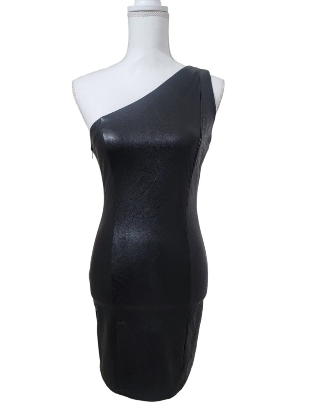 Forever 21 Size S Black Faux Leather One-Shoulder Mini Dress, Bodycon Silhouette